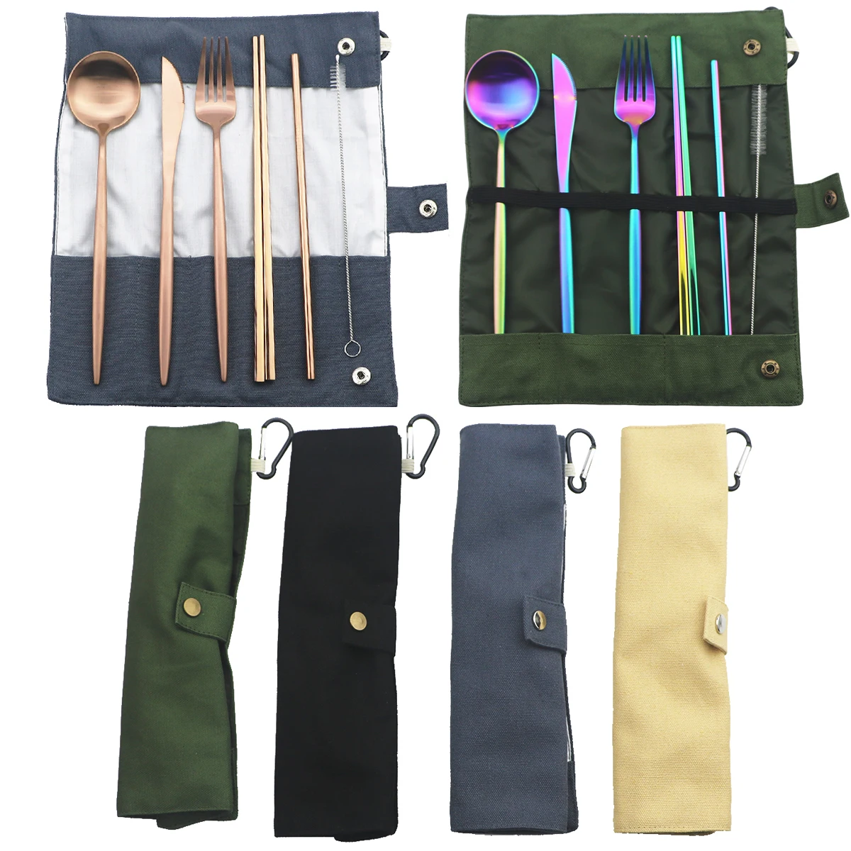 

Rainbow 18/10 Stainless Steel Dinnerware Set Travel Storage Portable Flatware Set Knife Fork Spoon Chopsticks Straw Cutlery Set