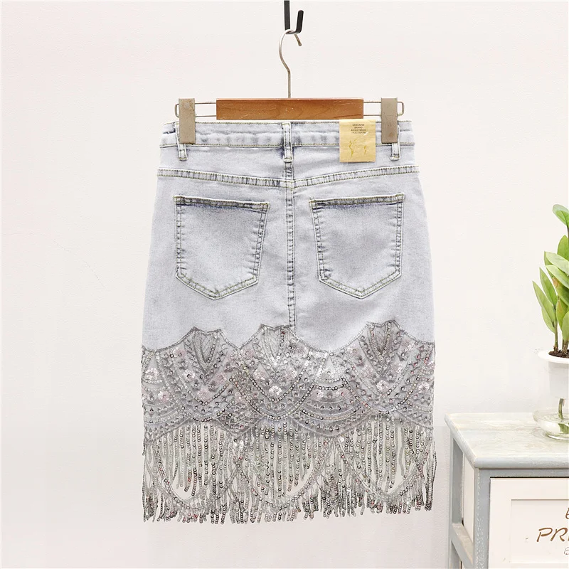 2020 Summer Korean Fashion Sequins Tassel Denim Skirt Women Vintage Washed Blue Slim Short Sexy High Waist Jeans Skirts Female