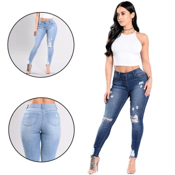 

High Waisted Denim Pants Ripped Knee Stretch Skinny Fit Womens Jeans Stretch Cotton Ripped Jeans Hole Casual Pencil Pants
