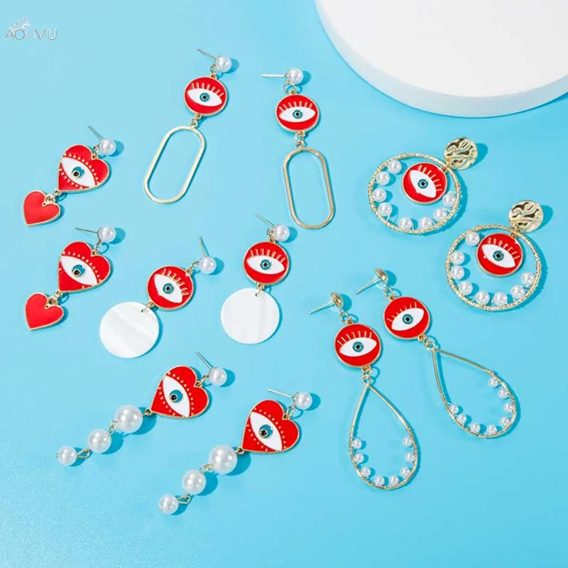 AOMU новые красные серьги в форме глаз модные геометрические длинные висячие серьги для женщин жемчужные эмалированные ювелирные изделия в виде сердца