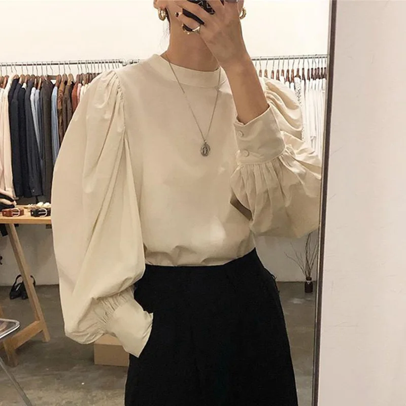 

Lantern Sleeve Shirts Women Korean Chic Style O Neck Oversize Loose Pullover Female Blouses Fashion Tops 2020 New Clothes