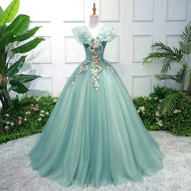 Green Quinceanera Dress Elegant V-neck Party Prom Ball Gown Sleeveless Sweet Floral Print Dresses Plus Size Vestidos | Свадьбы и