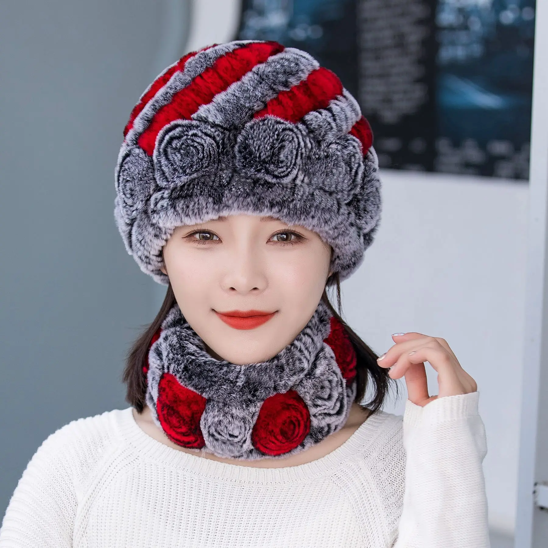 

X133 Warm Rex Rabbit Fur Hat Women's Fur Hat Scarf 2pcs Real Rex Rabbit Cap Floral Knitted Hat Balls Skulls Beanies 2pcs