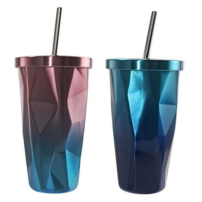 2 Pcs Stainless Steel Tumbler with Straw- Hot and Cold Double Wall Drinking Cups Coffee Mugs 500ML Irregular Diamond with Lid