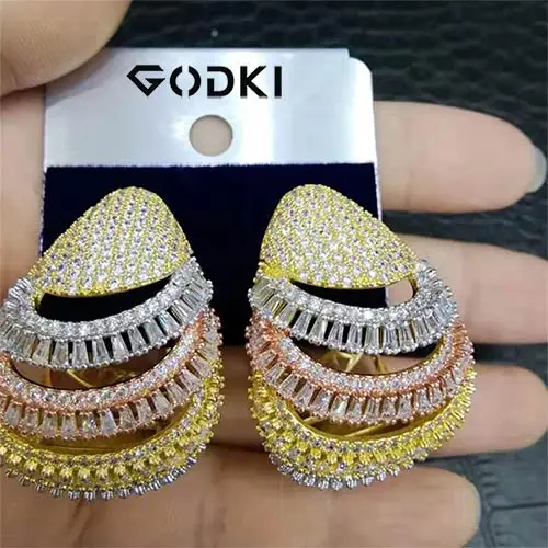 GODKI шармы бархатные серьги-кольца для женщин роскошный элегантный кубический цирконий нигерийские Свадебные женские s серьги в Jewely - Окраска металла: 3 Tone