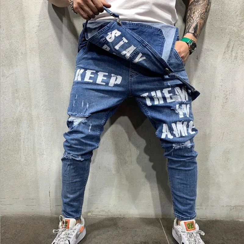 2020 Fashion Bib overalls men work coveralls protective torn jeans pants working uniforms plus size sleeveless coverall