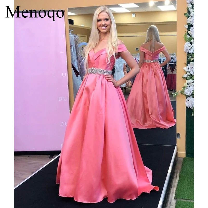 Water Melon Color Satin Sweet Prom Dresses Long 2019 V Neck Off the Shoulder Girls Prom Gowns Graduation Party Dresses (3)_副本