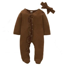 Осенняя одежда для маленьких девочек и мальчиков; хлопковый комбинезон с длинными рукавами и рисунком для малышей+ повязка на голову; комплект для новорожденных; Новое поступление