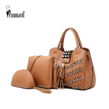

FUNMARDI 3PCS Women's Bag Set Rivet Design PU Leather Handbag Diamond Tassel Shoulder Bag Purse Bags For Women 2020 New WLHB3034