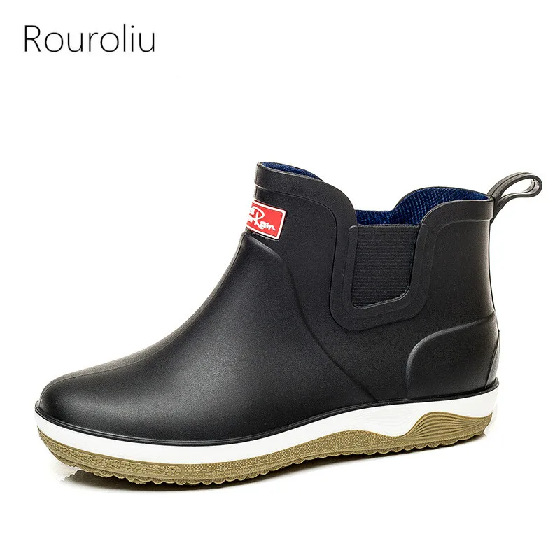 

Rouroliu Men Fashion Rain Boots Anti Slip Short Ankle Work Boots Waterproof Fishing Garden Water Shoes Elastic Band