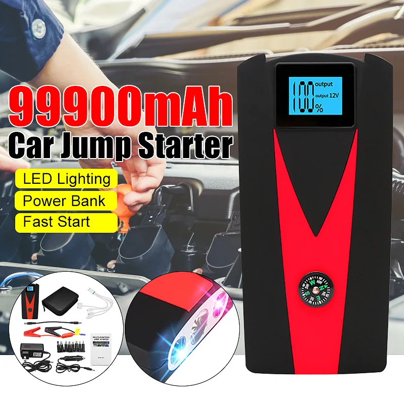 99900 мАч автомобильное пусковое устройство, 12V светодиодный 2USB SOS аварийный Мощность банка для Портативный автомобиля Батарея усилитель Зарядное устройство пусковое устройство