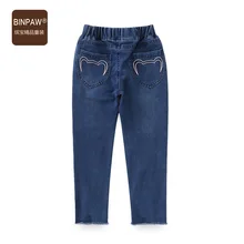 Новая стильная осенняя одежда джинсы для девочек модные короткие джинсы в Корейском стиле с вышитым медведем