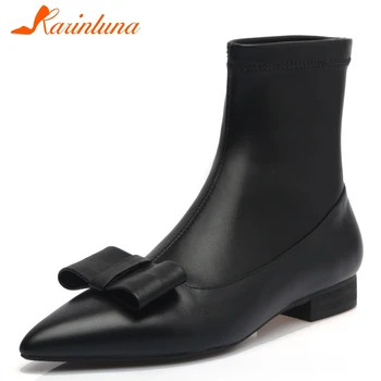 

women's 2021 new arrival hot sale wholesale shoes genuine leather elegant pointed toe low heels bowknot ankel slip-on boots