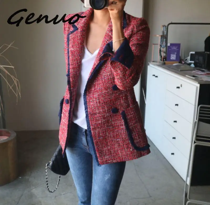 Genuo, новинка, двубортный пиджак, женский, для женщин, блейзеры и куртки, Повседневный, шикарный, британский, с кисточками, из кусков, твид, блейзеры, пальто