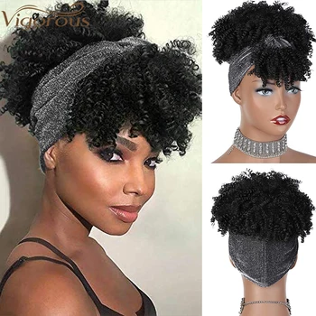 Vigorous Synthetic Curly Headband Wigs Short Black Kinky Curly Wig with Bangs Afro Puff Wigs for Women Head Wrap Wig 1