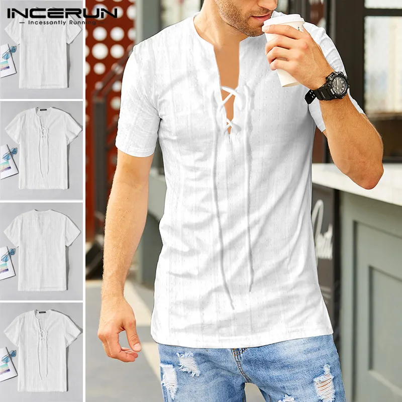 2020 Summer Men's Fashion V Neck Shirt Slim Short Sleeve Shirts Man Steam Punk Lace Up Tops Solid Color Streetwear Blouse S-5XL