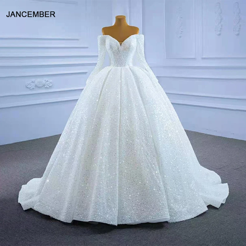 RSM67276 Shiny White Off-shoulder Tube Top Wedding Dress Bridal Wedding Long Sleeve Pleated 2021 New Pearl Tassel Sequins Dress 1