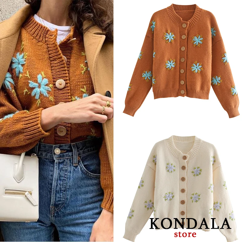 Повседневное вязаный Для женщин свитер Za Embroidrey кардиганы с цветочным принтом