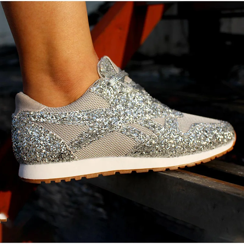 Sneakers Women Flat Bling Casual Vulcanized Shoes Woman Mesh Lace Up Women's Walking Non-slip Running Shoes Platform Sneakers