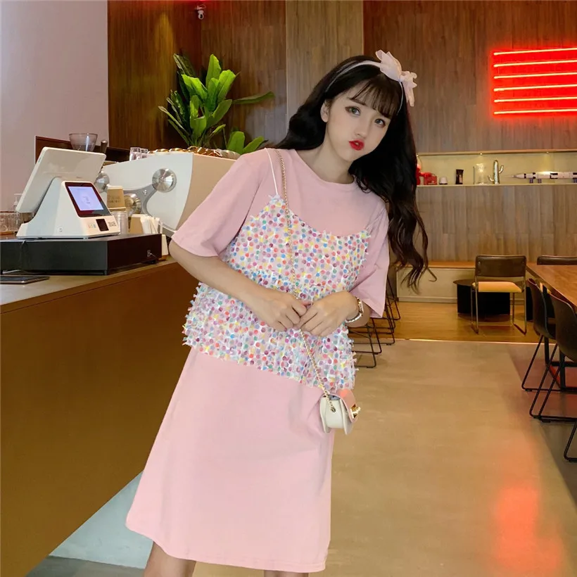 

Photo Shoot 2019 Women's Dress Summer Soft Girl Elegant Crew Neck Joint Color Polka Dot Camisole Mid-length Dress