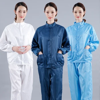 

New Women's Dust-proof Antistatic Long Sleeve Coat Casual Pants 2pcs Set Stand Collar Navy Blue White Workshop Clothes Uniforms