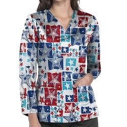 S-3XL 4Colors Heart Butterfly Star Print V-neck Long Sleeve Nurse Shirts With Pocket Vintage Medical Care Workers Woman Blouses