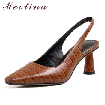 

Meotina Real Leather High Heel Slingbacks Shoes Women Pumps Square Toe Block Heels Dress Footwear Lady Autumn Brown Big Size 40