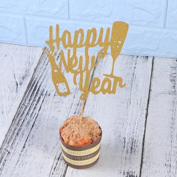 

10 Pcs Cake Topper Glitter Paper Creative Happy New Year Cupcake Picks Fruit Picks for Birthday Party Banquet Festival