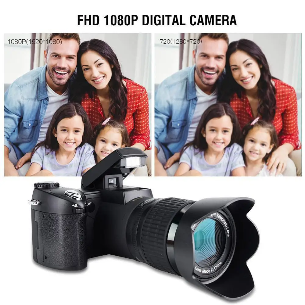 D7200 HD 1080P Digital Camera 3in Color Screen 33MP DSLR Camcorder with 0.5X Wide Angle Lens+ 16-24X Telephoto Lens+ LED Light