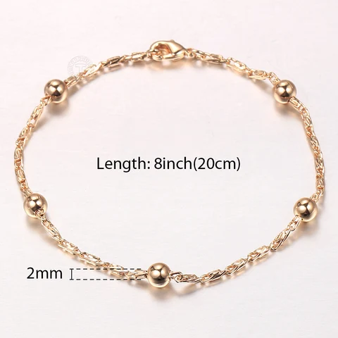 Basic 585 Rose Gold Color Ball Beaded Bracelet Gold Filled Satellite Link Chain Fashion Jewelry Birthday Gift 20cm CB66