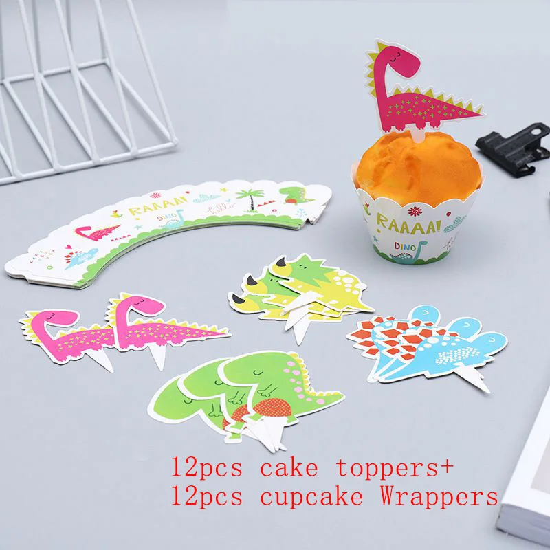 24pcs mixed Вечерние одноразовые столовые приборы в виде динозавра, бумажные стаканы, салфетки, баннер, скатерть, топпер для торта, детские украшения на день рождения - Цвет: 24pcs mixed
