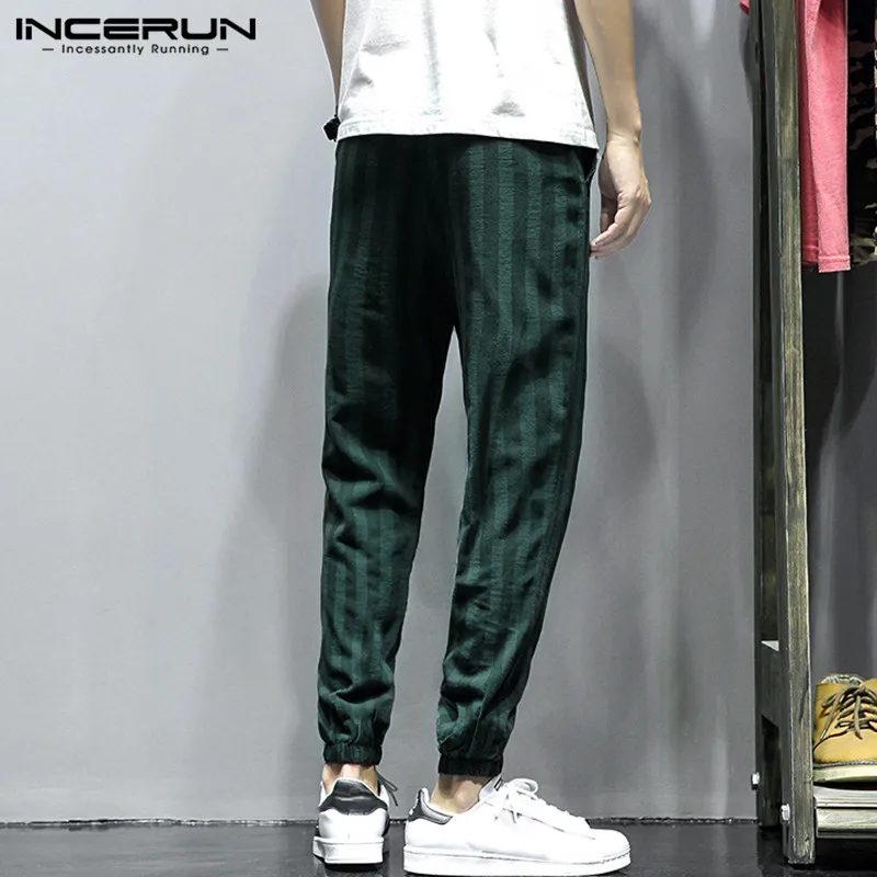 INCERUN Cotton Linen Harem Pants Men Striped Elastic Waist Joggers Fashion Hip-hop Trousers Men High Street Casual Pants S-5XL