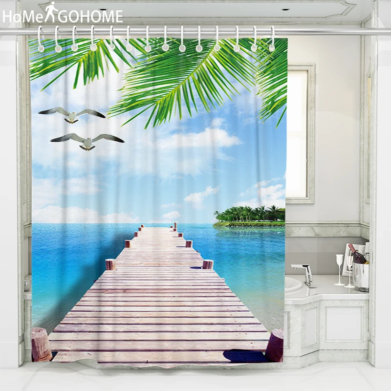 

Seagull Beach Landscape Sea Shower Curtains 3d Bath Curtain Screen Waterproof Fabric Bathroom Curtain Wooden Bridge Decoration