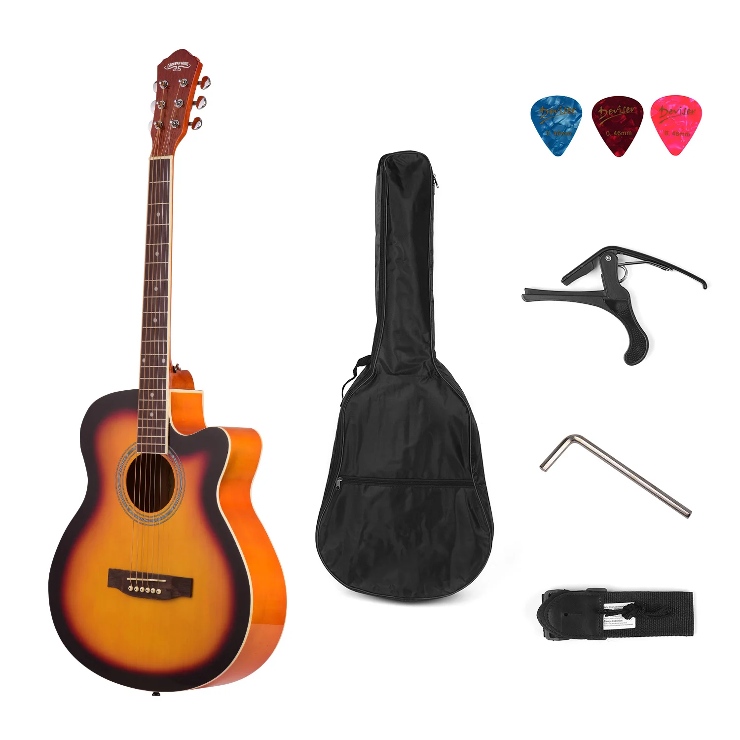 40 дюймов Cutaway акустическая народная гитара 6 струн Липа с ремешком Gig Bag Capo медиаторы натуральный/солнце черный/синий/черный цвета