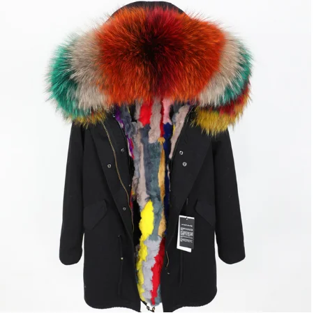 Модная женская одежда, куртка с капюшоном и большим воротником из меха енота, пальто, съемная подкладка из кроличьего меха, зимняя парка, плотное пальто из натурального меха - Цвет: 5