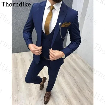 

Thorndike Navy Blue Men's Suit Peaked Lapel Wedding Suit For Man Elegant Custom Made Solid Slim Groom Tuxedos Busness Fit Suit