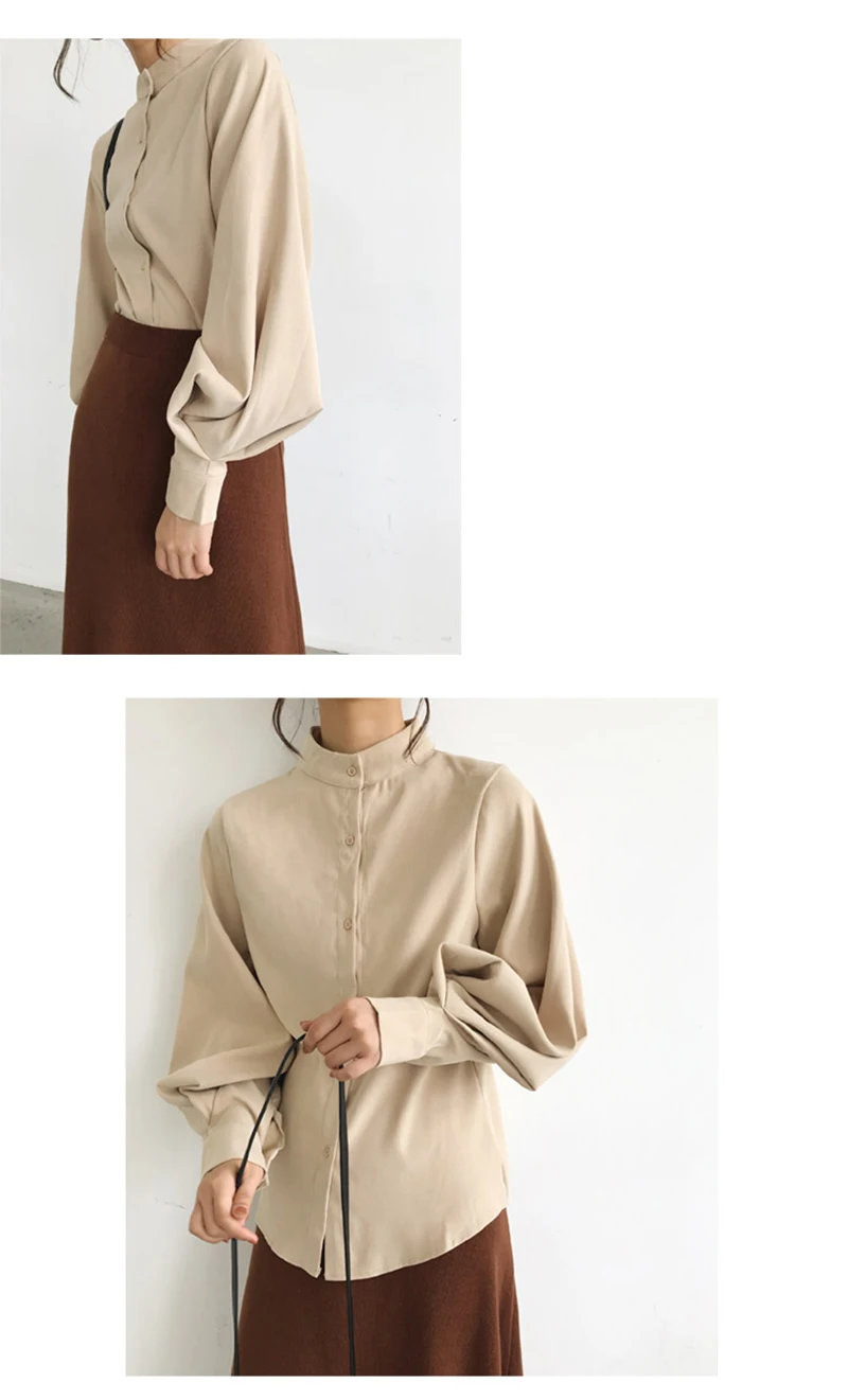 Big Lantern Sleeve Blouse Women Autumn Winter Single Breasted Stand Collar Shirts Office Work Blouse Solid Vintage Blouse Shirts