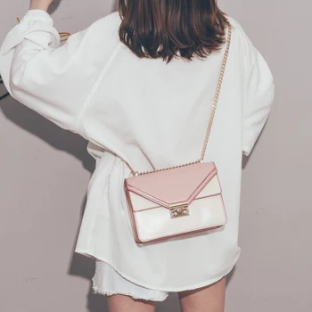 

Elegant Female Contrast Square Bag 2020 Fashion New Quality Leather Women's Designer Handbag Lock Chain Shoulder Messenger Bag