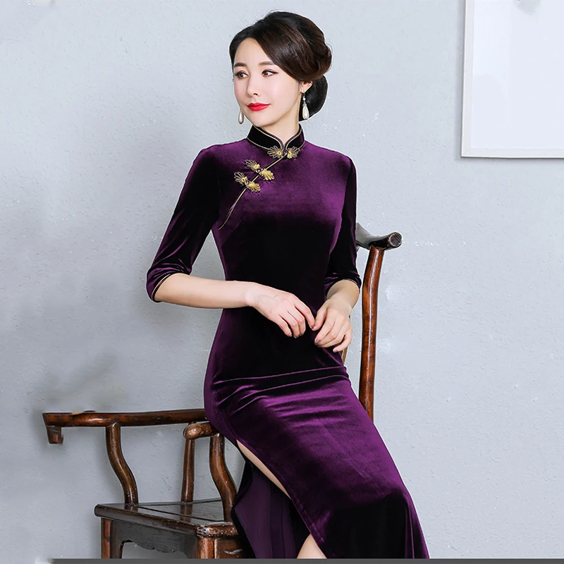 Бордовый Чонсам для молодых леди Винтаж Кнопка Qipao большой размер 3XL 4XL Мандарин воротник платья длинное велюровое платье Vestidos