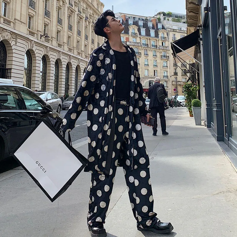 Men 2PCS Sets(jacket+pant) Male WomenVintage Streetwear Hip Hop Polka Dot Velvet Loose Casual Long Windbreaker Trench Coat