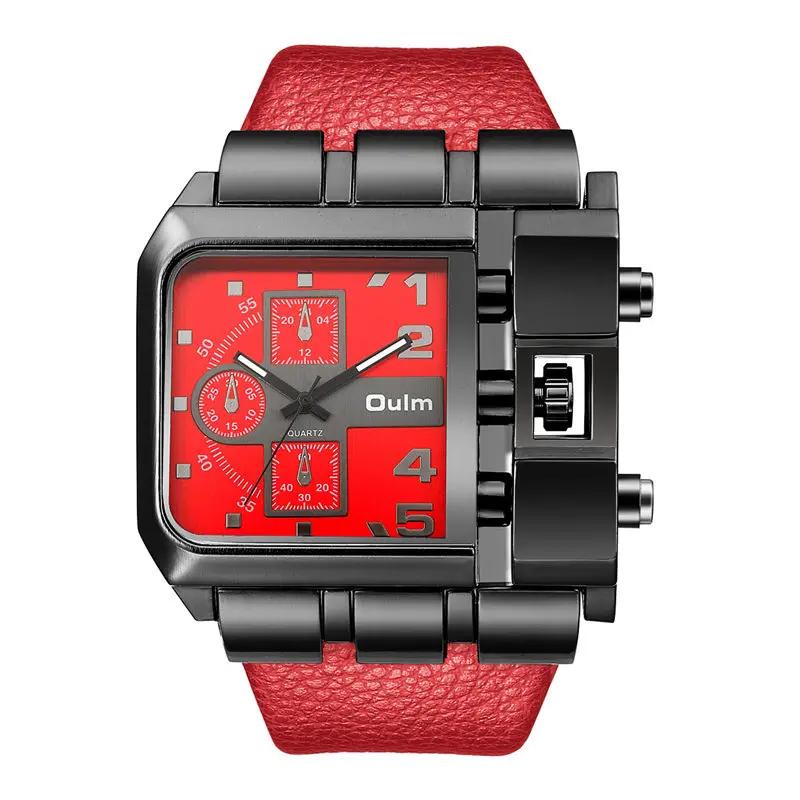 OULM Sports Quartz Watches 3364 Reloj Men's Wristwatch relogio masculino Big Square Size Watch Men Luxury Wide Leather Clock Red