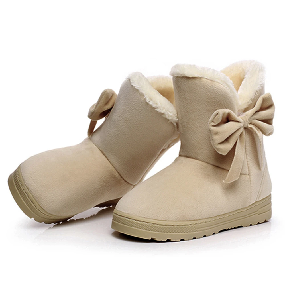 Модные женские ботинки; теплые плюшевые однотонные замшевые зимние ботинки с бантом на меху; повседневная женская зимняя обувь на плоской платформе без застежки