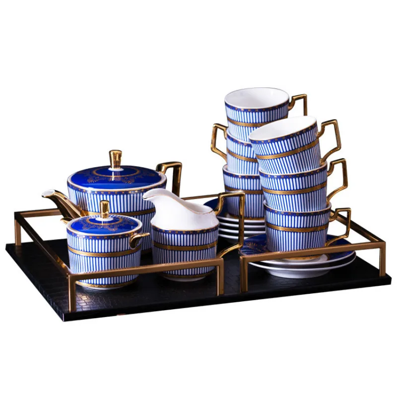 European Blue Coffee Cup Set Simple Luxury English Afternoon Tea Set Light Luxury Home Embossed Gold Tea Cup Set