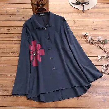 

Long Sleeve Shirts Women Cotton Turn Down Collar Blouses 2020 Spring Flower Print Buttons Down Irregular Hem Blusas Plus Size 7
