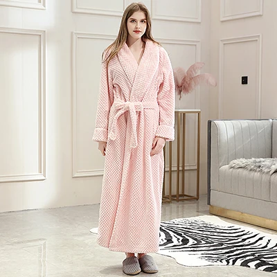 Новое поступление, мужской зимний плотный теплый роскошный длинный халат, кимоно для влюбленных, жаккардовый банный халат, мужской однотонный халат для женщин, халаты - Цвет: Women Pink