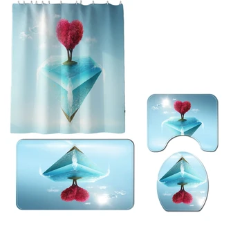 

4 Pcs Love Printed Bathroom Shower Curtain Toilet Waterproof Cover Mat Set