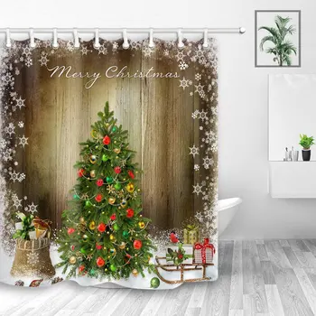 

Christmas Shower Curtain for Bathroom Set, Xmas Tree and Gift in Snow with Wooden Backdrop Shower Curtain Bathroom with Hooks
