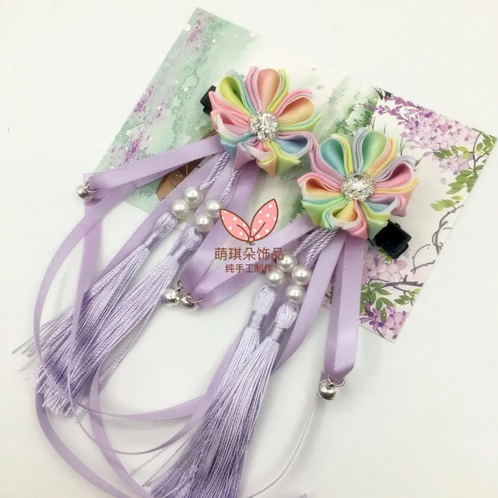 Фиолетовый 2 шт. Maru-tsuami Kanzashi цветок два слоя кисточки лента заколка для волос традиционный японский стиль кимоно аксессуар наряд HW046 - Цвет: Фиолетовый