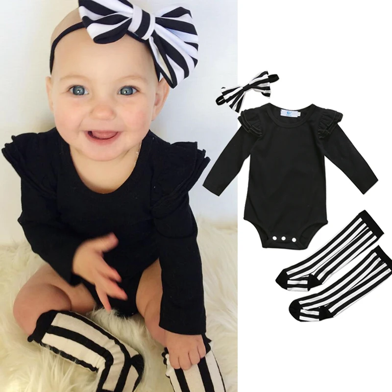 

Newborn Infant Clothes Set Toddler Kid Baby Clothes Black Long Sleeve Romper+Striped Socks+Headband 3pcs Outfits Set Autumn Girl