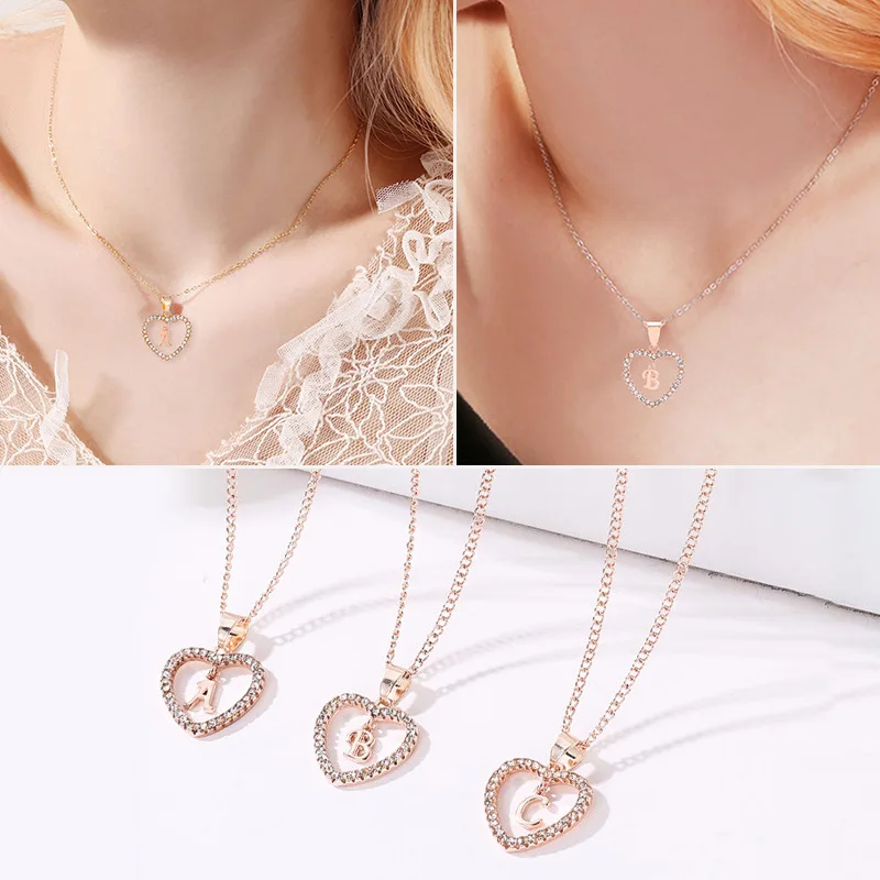 

26 English Alphabet Necklace With Diamond Heart Rose Gold Fashion Simple Collarbone Chain Jewelry Necklace For Women